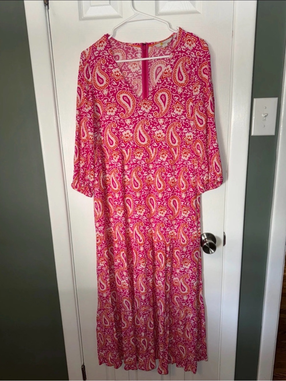 Boden Pink Paisley Tiered Maxi Dress w Blouson Sleeve